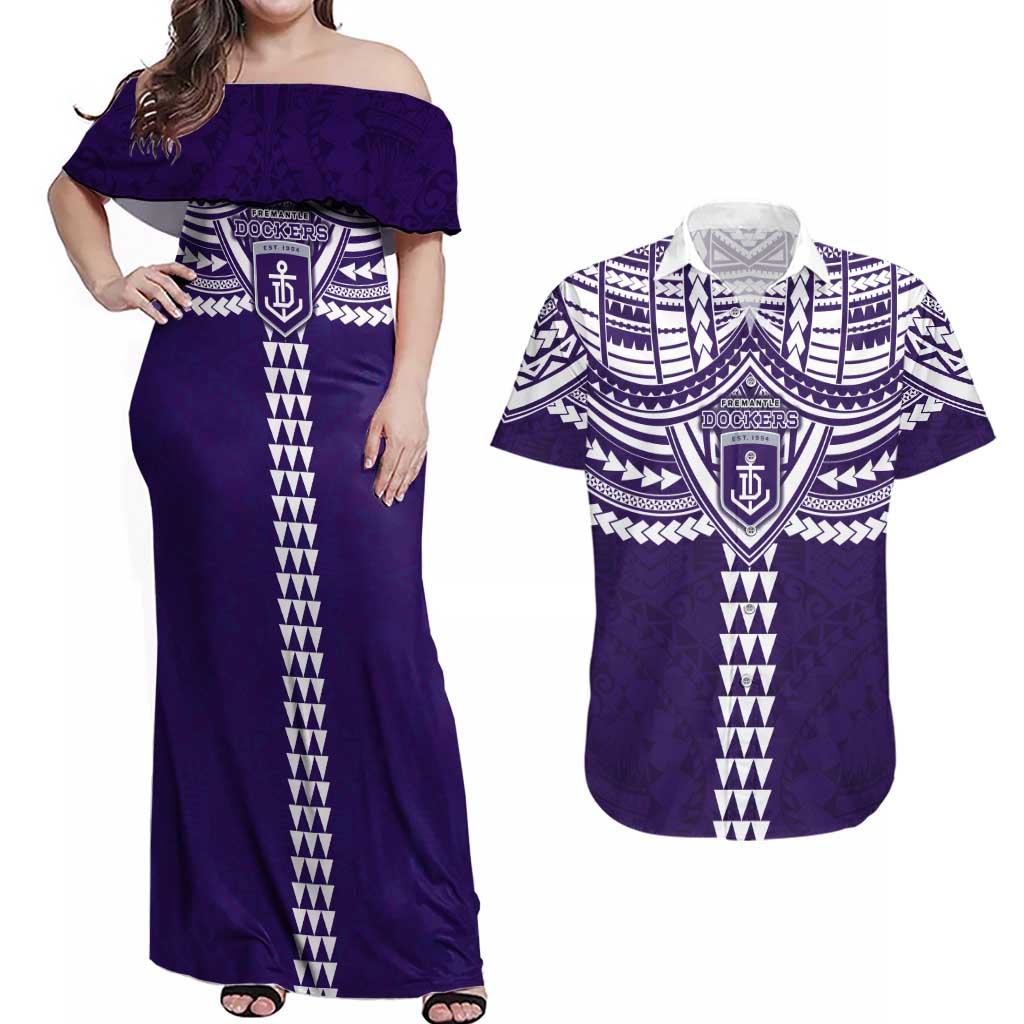 Personalized Fremantle Dockers Couples Matching Off Shoulder Maxi Dress and Hawaiian Shirt Polynesian Tribal Pattern Heritage Football