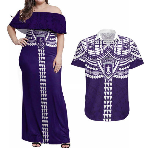 Personalized Fremantle Dockers Couples Matching Off Shoulder Maxi Dress and Hawaiian Shirt Polynesian Tribal Pattern Heritage Football