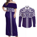 Personalized Fremantle Dockers Couples Matching Off Shoulder Maxi Dress and Long Sleeve Button Shirt Polynesian Tribal Pattern Heritage Football