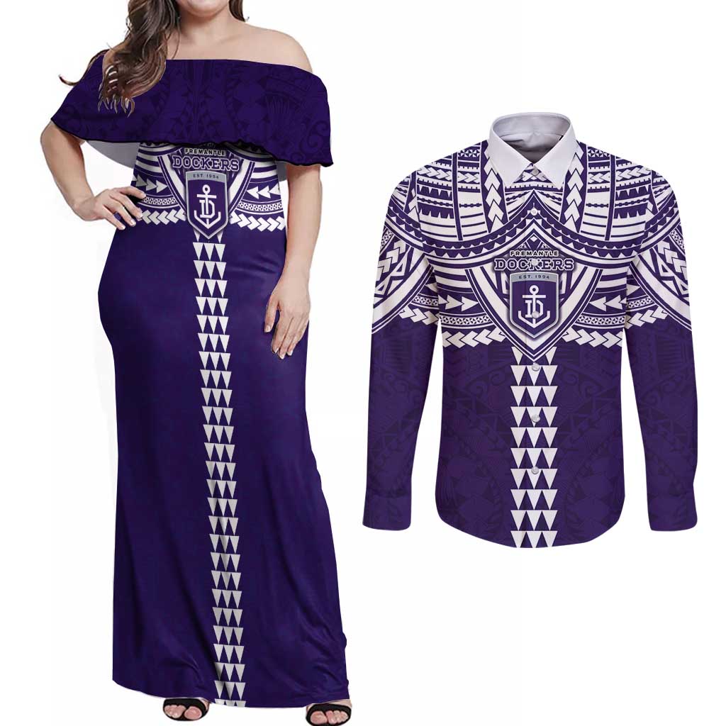 Personalized Fremantle Dockers Couples Matching Off Shoulder Maxi Dress and Long Sleeve Button Shirt Polynesian Tribal Pattern Heritage Football