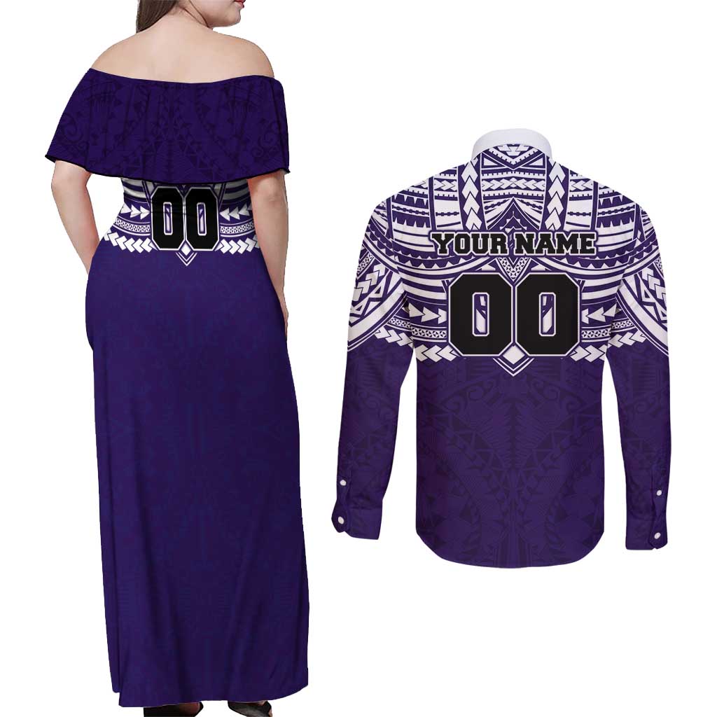 Personalized Fremantle Dockers Couples Matching Off Shoulder Maxi Dress and Long Sleeve Button Shirt Polynesian Tribal Pattern Heritage Football