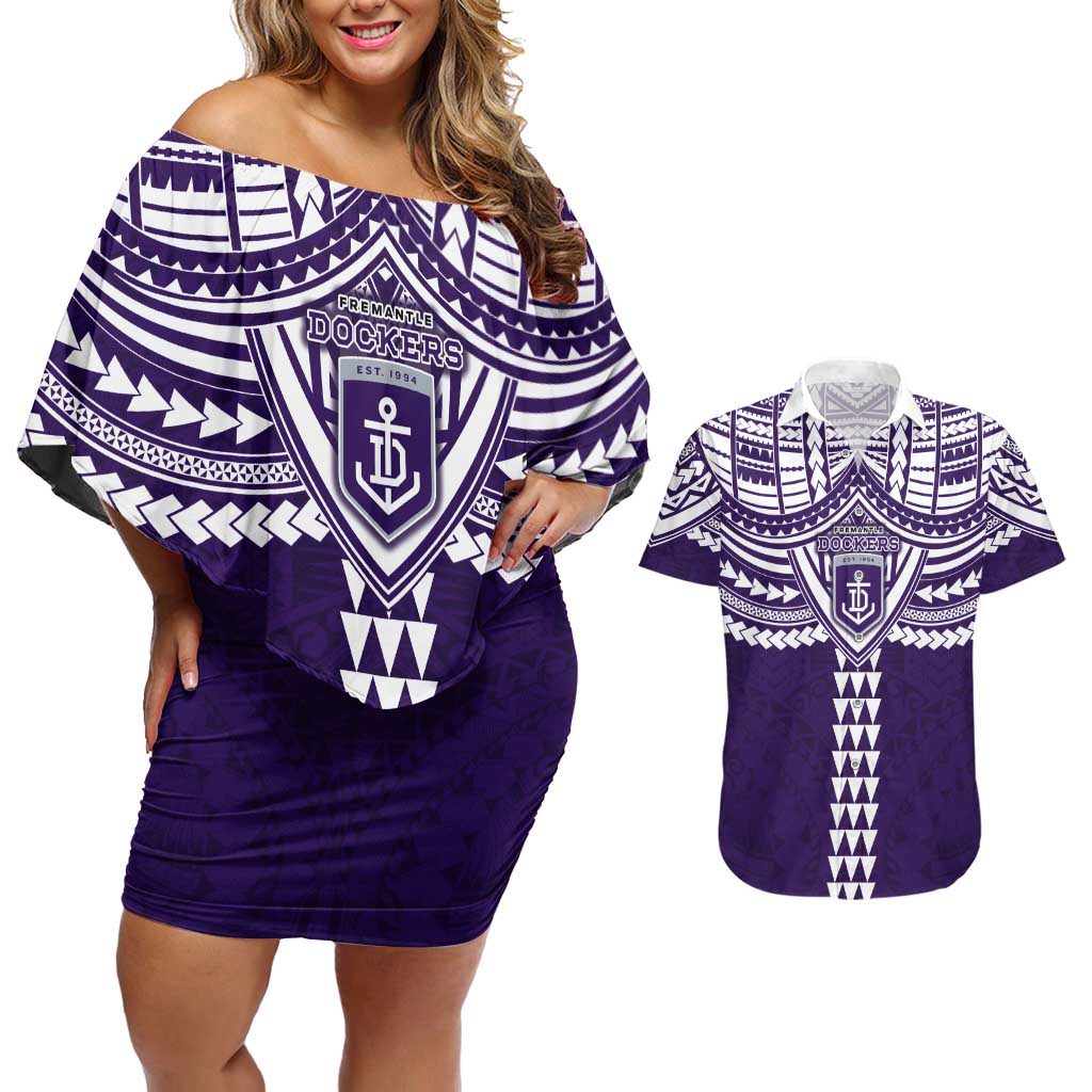 Personalized Fremantle Dockers Couples Matching Off Shoulder Short Dress and Hawaiian Shirt Polynesian Tribal Pattern Heritage Football
