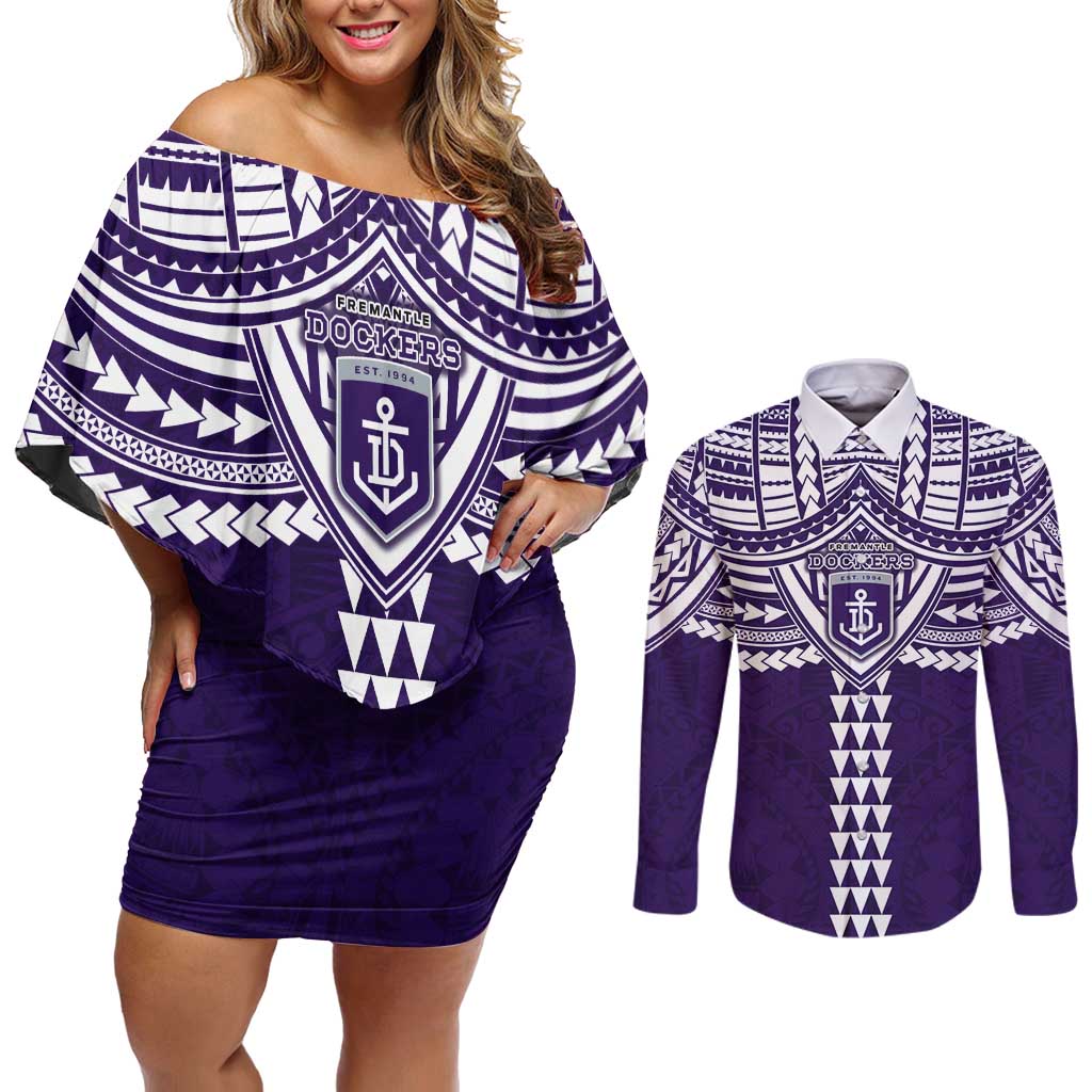 Personalized Fremantle Dockers Couples Matching Off Shoulder Short Dress and Long Sleeve Button Shirt Polynesian Tribal Pattern Heritage Football
