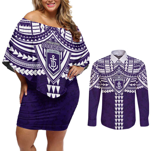 Personalized Fremantle Dockers Couples Matching Off Shoulder Short Dress and Long Sleeve Button Shirt Polynesian Tribal Pattern Heritage Football