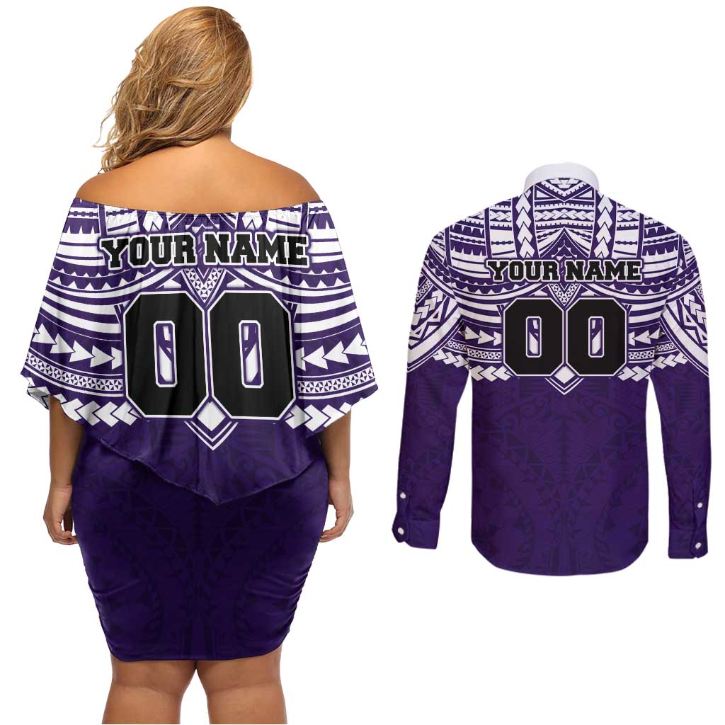 Personalized Fremantle Dockers Couples Matching Off Shoulder Short Dress and Long Sleeve Button Shirt Polynesian Tribal Pattern Heritage Football