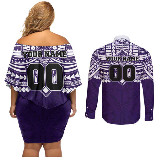 Personalized Fremantle Dockers Couples Matching Off Shoulder Short Dress and Long Sleeve Button Shirt Polynesian Tribal Pattern Heritage Football