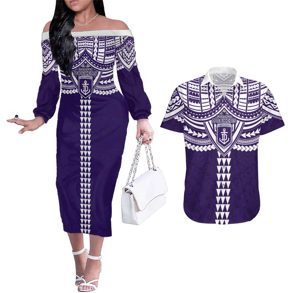 Personalized Fremantle Dockers Couples Matching Off The Shoulder Long Sleeve Dress and Hawaiian Shirt Polynesian Tribal Pattern Heritage Football