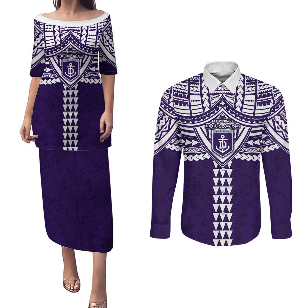 Personalized Fremantle Dockers Couples Matching Puletasi and Long Sleeve Button Shirt Polynesian Tribal Pattern Heritage Football