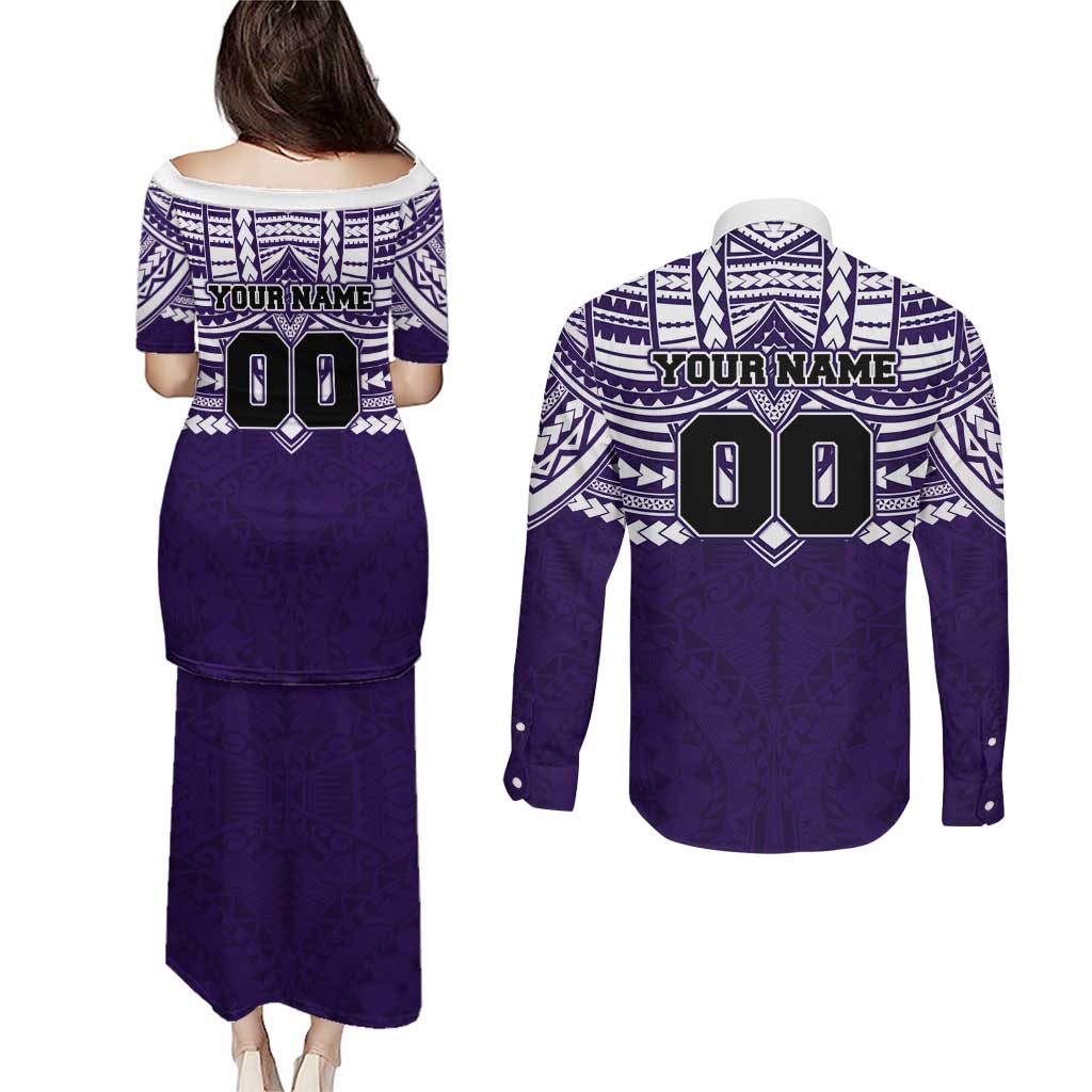 Personalized Fremantle Dockers Couples Matching Puletasi and Long Sleeve Button Shirt Polynesian Tribal Pattern Heritage Football