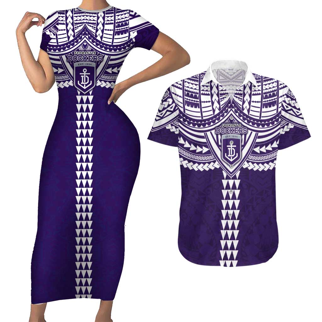 Personalized Fremantle Dockers Couples Matching Short Sleeve Bodycon Dress and Hawaiian Shirt Polynesian Tribal Pattern Heritage Football