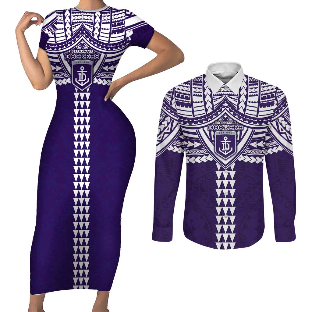 Personalized Fremantle Dockers Couples Matching Short Sleeve Bodycon Dress and Long Sleeve Button Shirt Polynesian Tribal Pattern Heritage Football