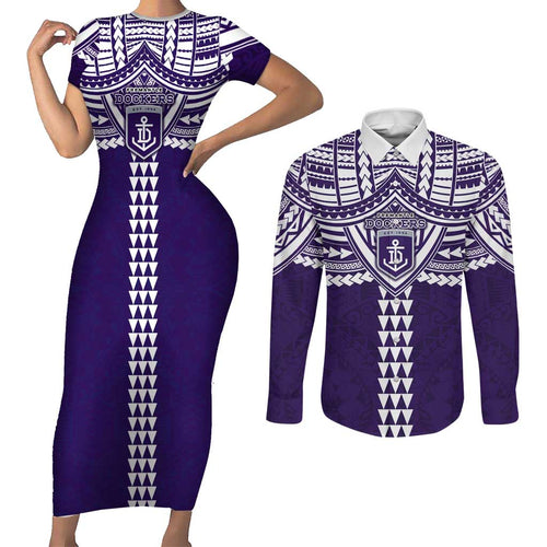Personalized Fremantle Dockers Couples Matching Short Sleeve Bodycon Dress and Long Sleeve Button Shirt Polynesian Tribal Pattern Heritage Football
