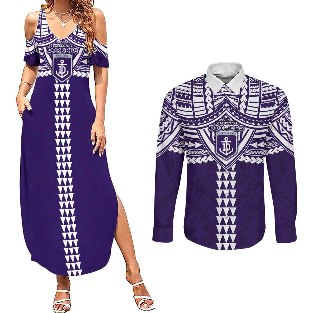 Personalized Fremantle Dockers Couples Matching Summer Maxi Dress and Long Sleeve Button Shirt Polynesian Tribal Pattern Heritage Football