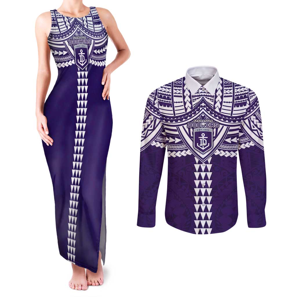 Personalized Fremantle Dockers Couples Matching Tank Maxi Dress and Long Sleeve Button Shirt Polynesian Tribal Pattern Heritage Football