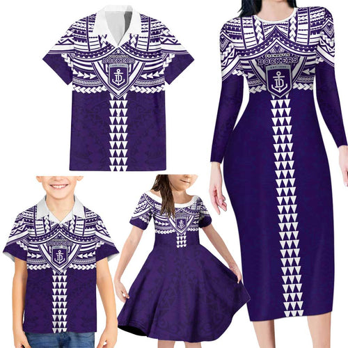Personalized Fremantle Dockers Family Matching Long Sleeve Bodycon Dress and Hawaiian Shirt Polynesian Tribal Pattern Heritage Football