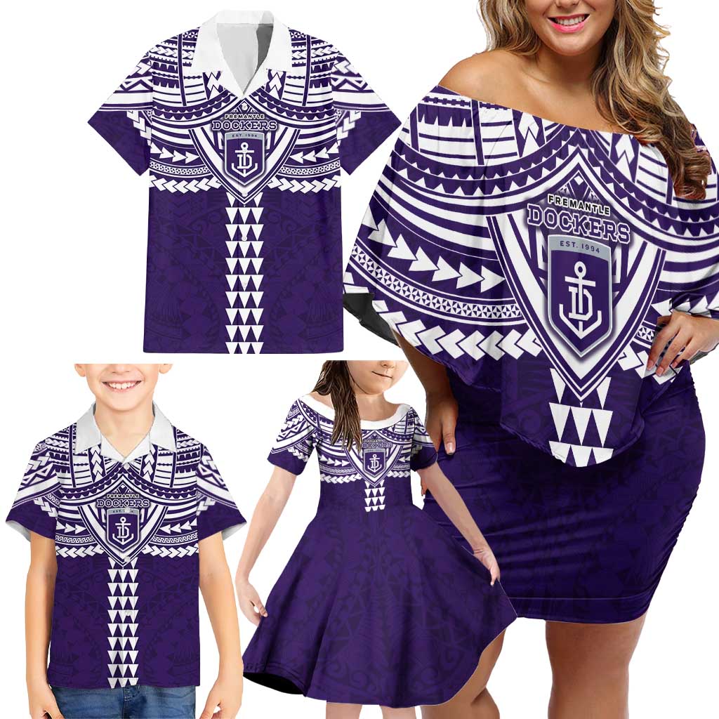 Personalized Fremantle Dockers Family Matching Off Shoulder Short Dress and Hawaiian Shirt Polynesian Tribal Pattern Heritage Football