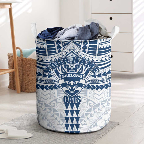 Personalized Geelong Cats Laundry Basket Polynesian Tribal Pattern Heritage Football