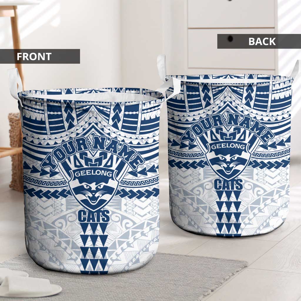 Personalized Geelong Cats Laundry Basket Polynesian Tribal Pattern Heritage Football