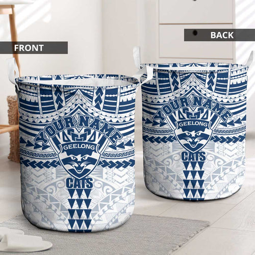 Personalized Geelong Cats Laundry Basket Polynesian Tribal Pattern Heritage Football