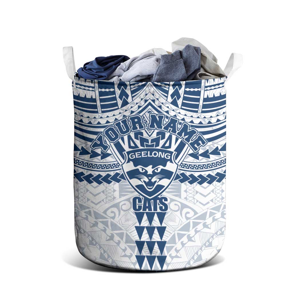 Personalized Geelong Cats Laundry Basket Polynesian Tribal Pattern Heritage Football