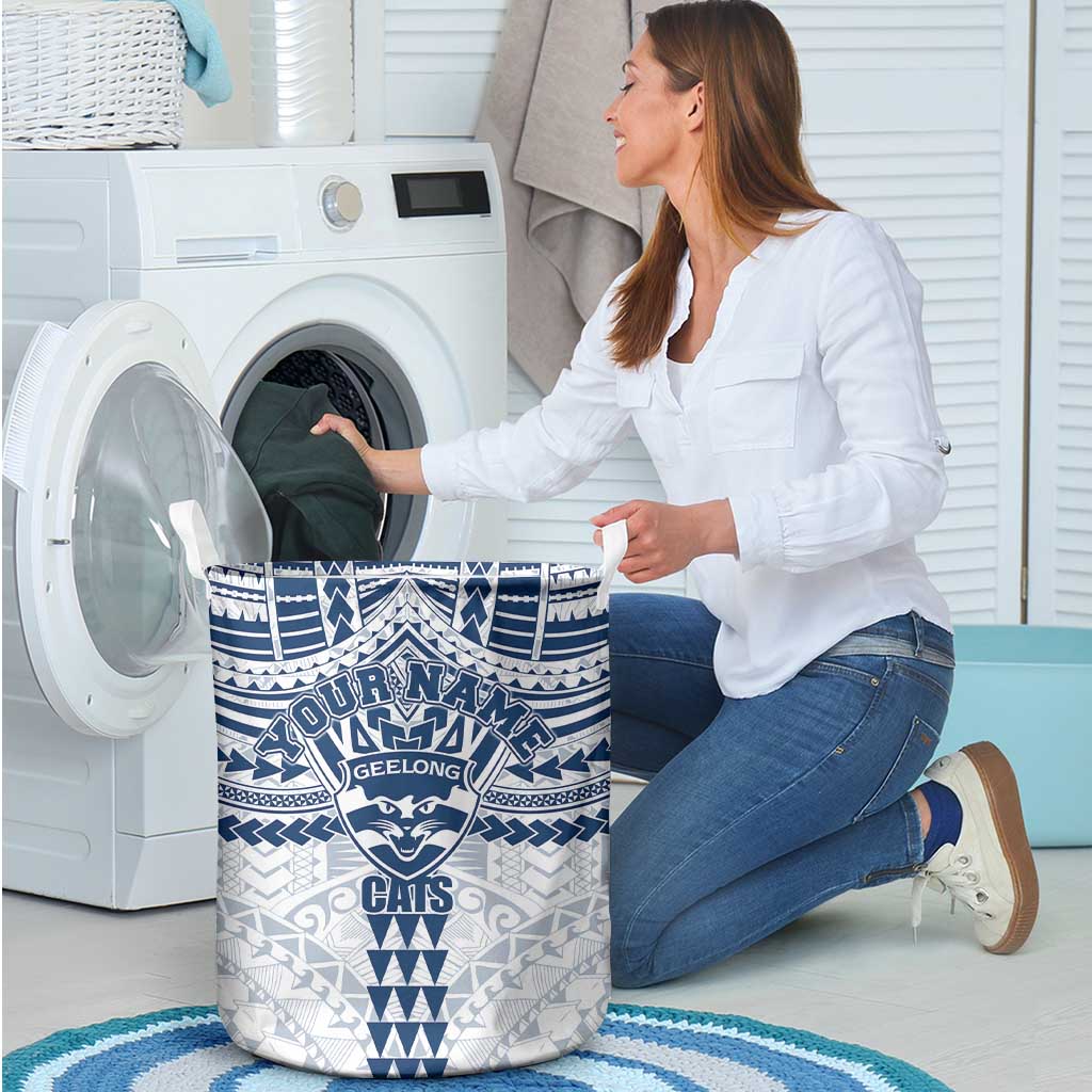 Personalized Geelong Cats Laundry Basket Polynesian Tribal Pattern Heritage Football