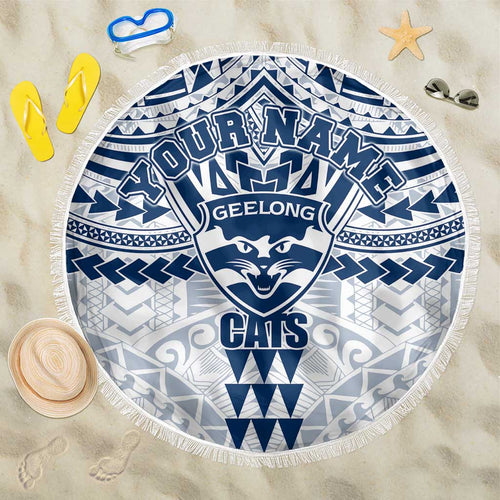 Personalized Geelong Cats Beach Blanket Polynesian Tribal Pattern Heritage Football