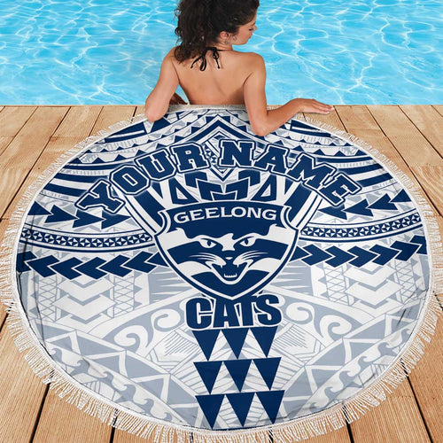 Personalized Geelong Cats Beach Blanket Polynesian Tribal Pattern Heritage Football