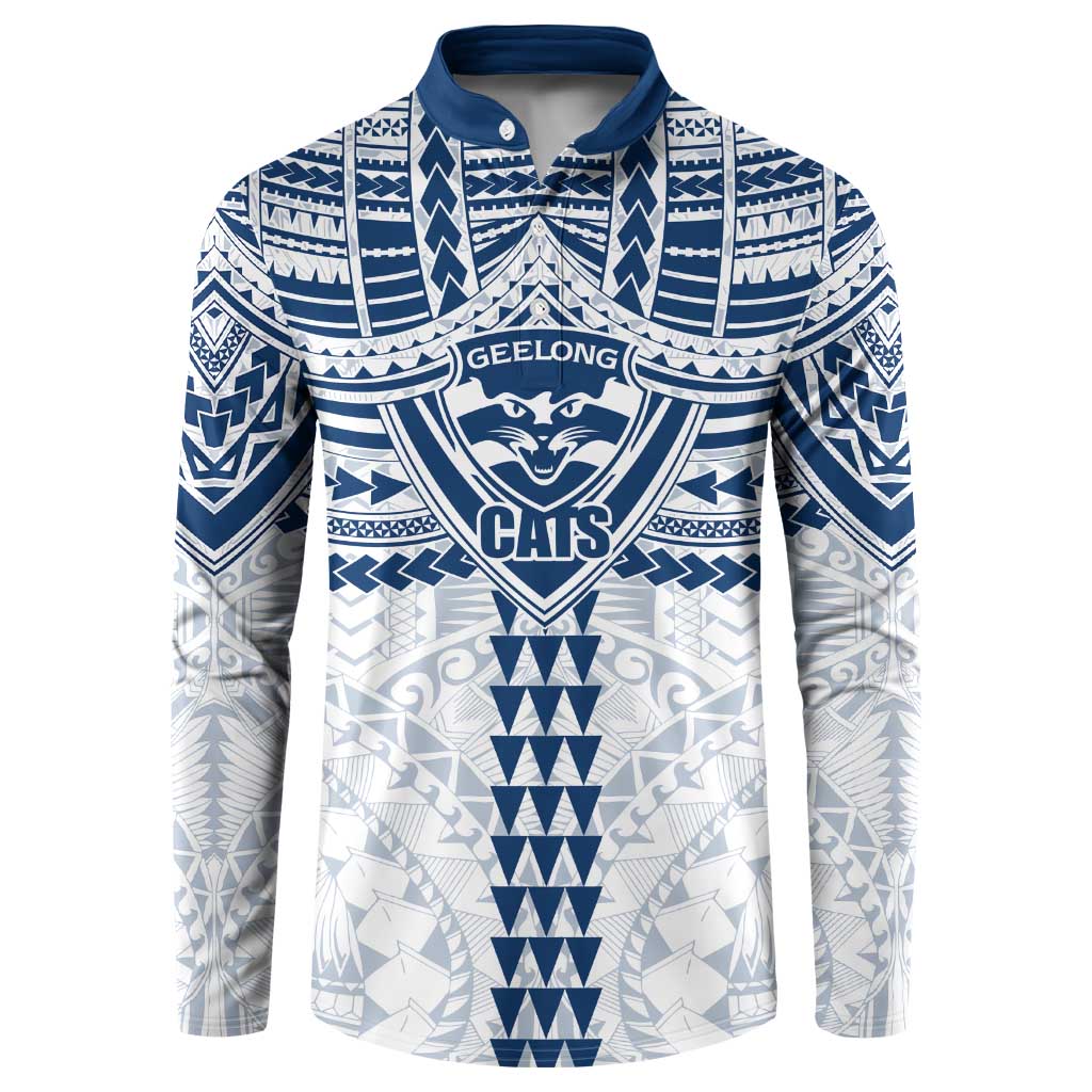 Personalized Geelong Cats Button Sweatshirt Polynesian Tribal Pattern Heritage Football