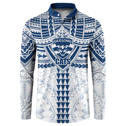 Personalized Geelong Cats Button Sweatshirt Polynesian Tribal Pattern Heritage Football