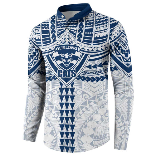 Personalized Geelong Cats Button Sweatshirt Polynesian Tribal Pattern Heritage Football