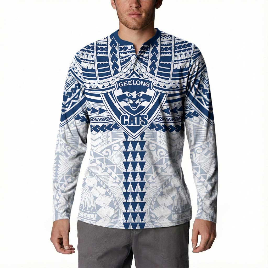 Personalized Geelong Cats Button Sweatshirt Polynesian Tribal Pattern Heritage Football