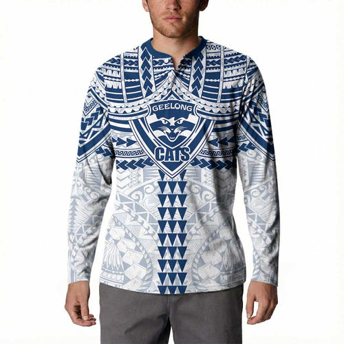 Personalized Geelong Cats Button Sweatshirt Polynesian Tribal Pattern Heritage Football