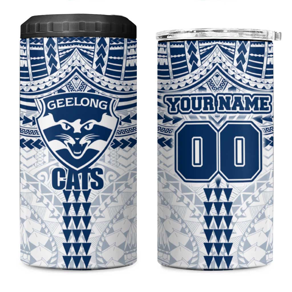 Personalized Geelong Cats 4 in 1 Can Cooler Tumbler Polynesian Tribal Pattern Heritage Football