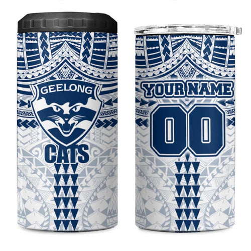 Personalized Geelong Cats 4 in 1 Can Cooler Tumbler Polynesian Tribal Pattern Heritage Football
