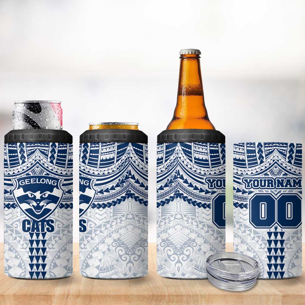 Personalized Geelong Cats 4 in 1 Can Cooler Tumbler Polynesian Tribal Pattern Heritage Football