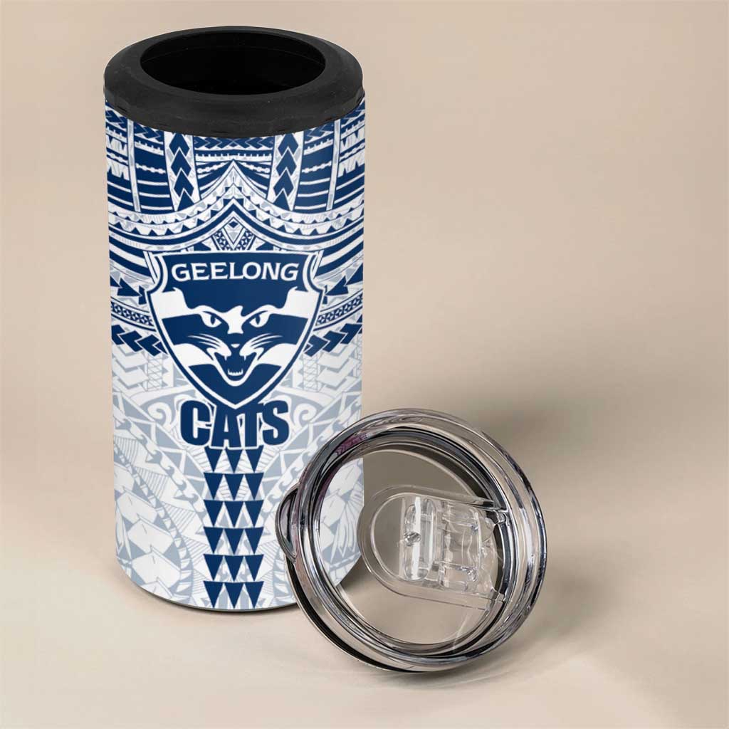 Personalized Geelong Cats 4 in 1 Can Cooler Tumbler Polynesian Tribal Pattern Heritage Football
