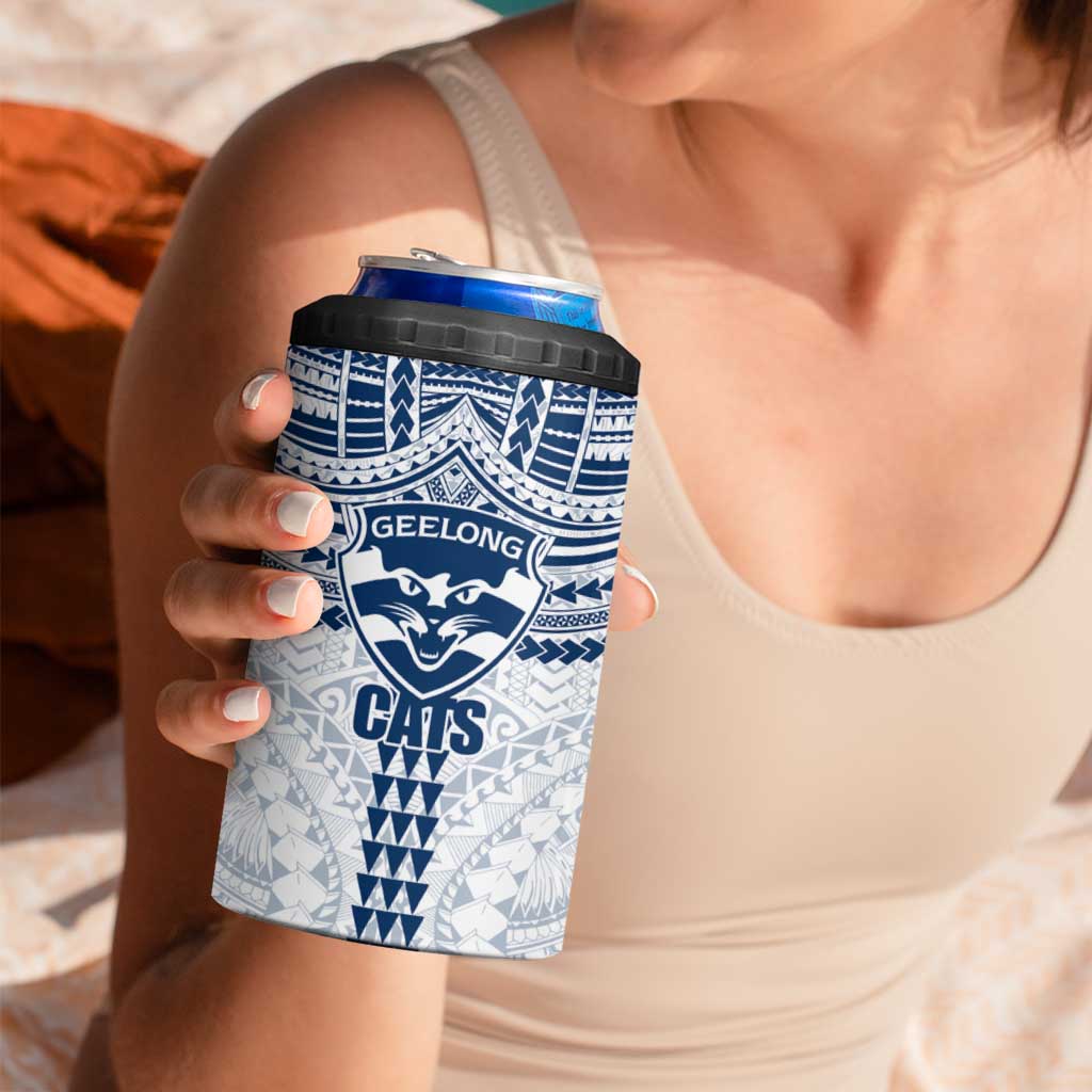 Personalized Geelong Cats 4 in 1 Can Cooler Tumbler Polynesian Tribal Pattern Heritage Football