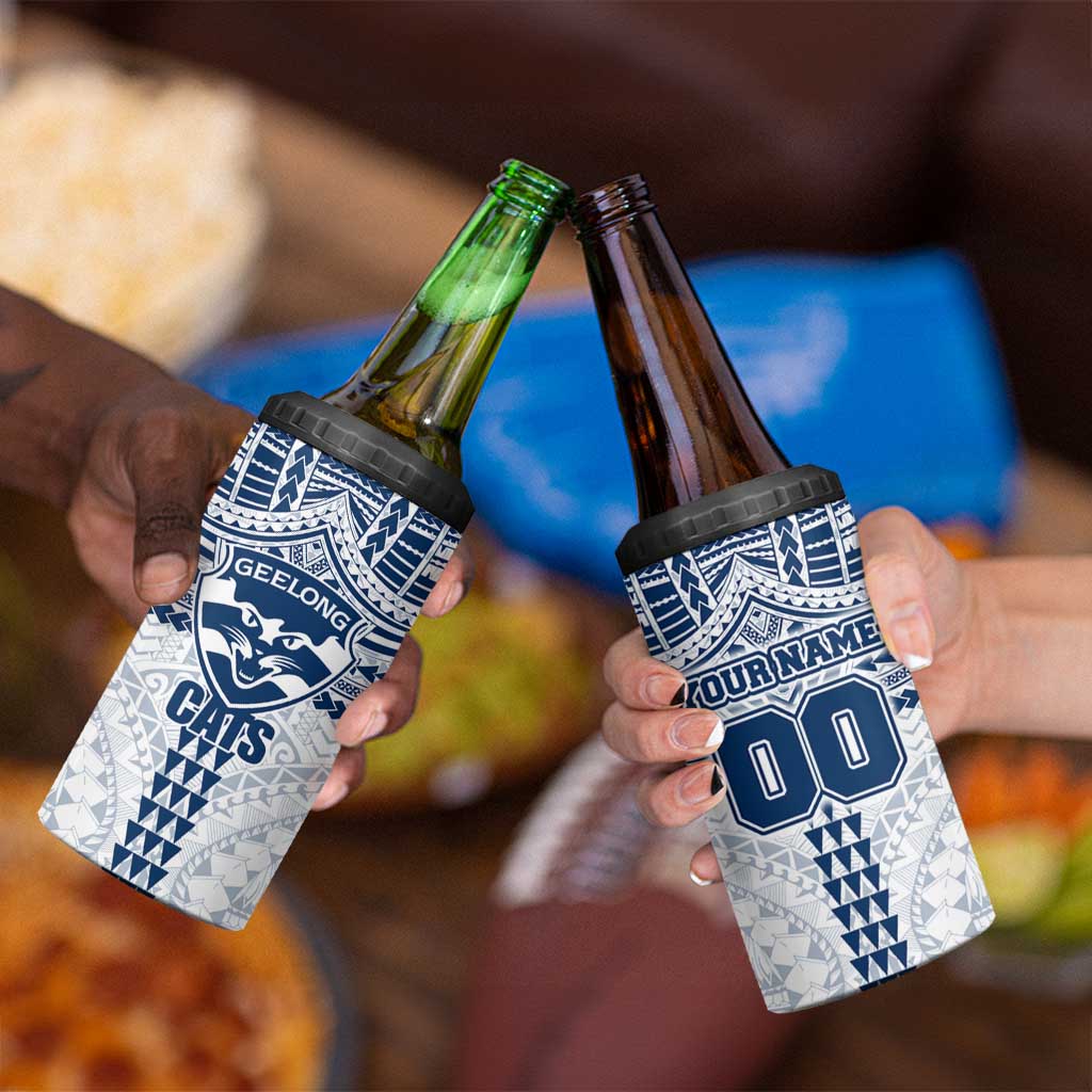 Personalized Geelong Cats 4 in 1 Can Cooler Tumbler Polynesian Tribal Pattern Heritage Football