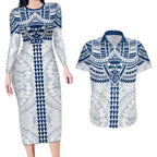 Personalized Geelong Cats Couples Matching Long Sleeve Bodycon Dress and Hawaiian Shirt Polynesian Tribal Pattern Heritage Football