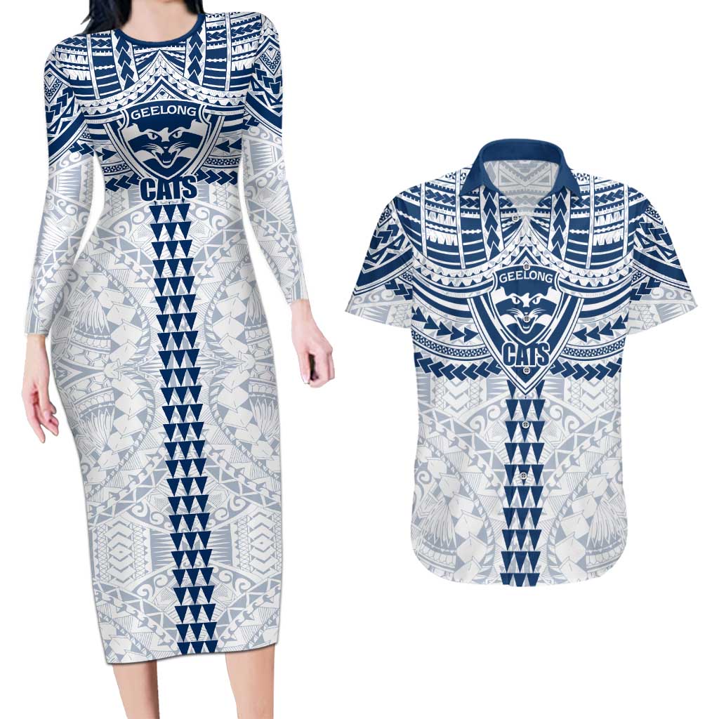 Personalized Geelong Cats Couples Matching Long Sleeve Bodycon Dress and Hawaiian Shirt Polynesian Tribal Pattern Heritage Football