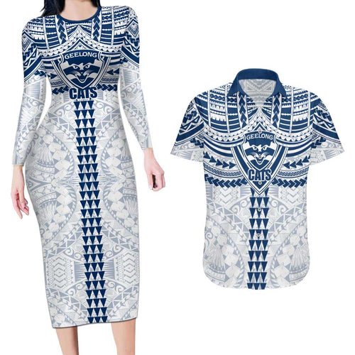 Personalized Geelong Cats Couples Matching Long Sleeve Bodycon Dress and Hawaiian Shirt Polynesian Tribal Pattern Heritage Football