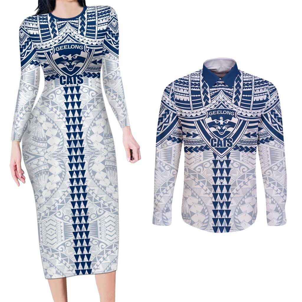 Personalized Geelong Cats Couples Matching Long Sleeve Bodycon Dress and Long Sleeve Button Shirt Polynesian Tribal Pattern Heritage Football
