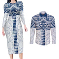 Personalized Geelong Cats Couples Matching Long Sleeve Bodycon Dress and Long Sleeve Button Shirt Polynesian Tribal Pattern Heritage Football