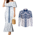 Personalized Geelong Cats Couples Matching Mermaid Dress and Long Sleeve Button Shirt Polynesian Tribal Pattern Heritage Football