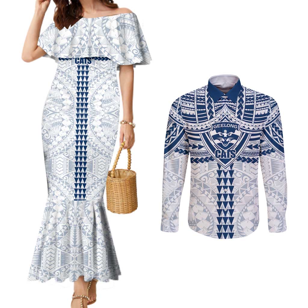 Personalized Geelong Cats Couples Matching Mermaid Dress and Long Sleeve Button Shirt Polynesian Tribal Pattern Heritage Football