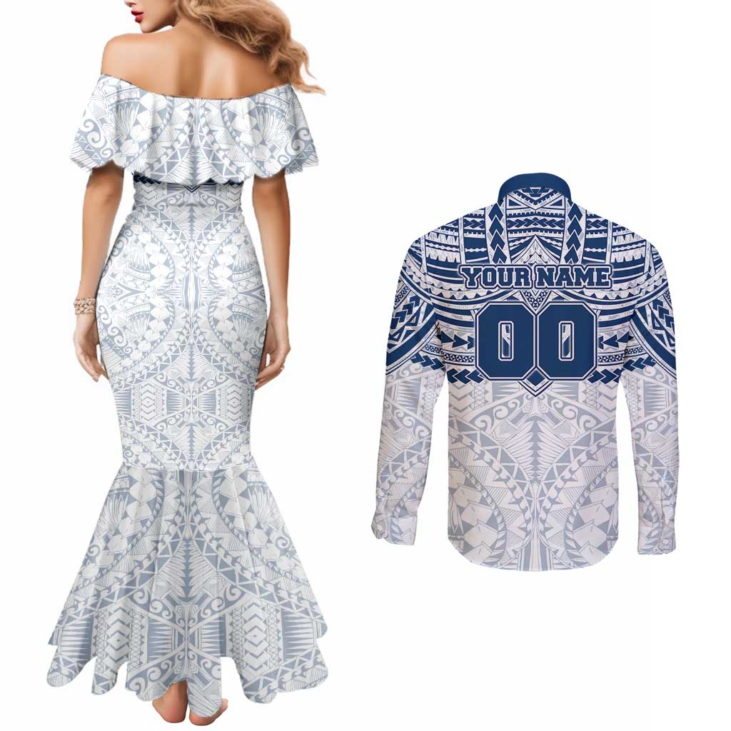 Personalized Geelong Cats Couples Matching Mermaid Dress and Long Sleeve Button Shirt Polynesian Tribal Pattern Heritage Football