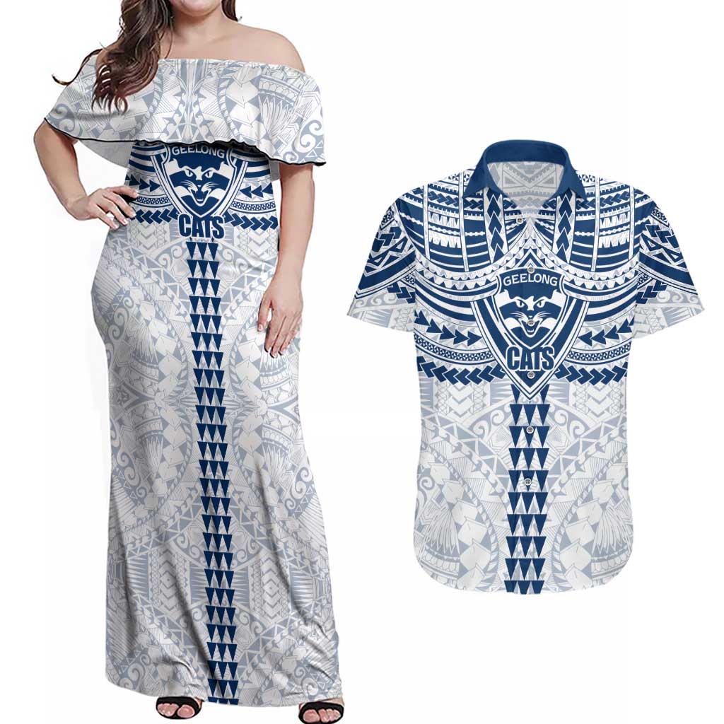 Personalized Geelong Cats Couples Matching Off Shoulder Maxi Dress and Hawaiian Shirt Polynesian Tribal Pattern Heritage Football