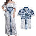 Personalized Geelong Cats Couples Matching Off Shoulder Maxi Dress and Hawaiian Shirt Polynesian Tribal Pattern Heritage Football