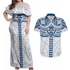 Personalized Geelong Cats Couples Matching Off Shoulder Maxi Dress and Hawaiian Shirt Polynesian Tribal Pattern Heritage Football
