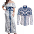 Personalized Geelong Cats Couples Matching Off Shoulder Maxi Dress and Long Sleeve Button Shirt Polynesian Tribal Pattern Heritage Football